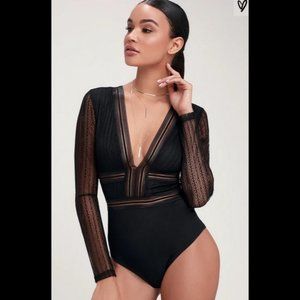 Lulus Casita Black Sheer Lace Long Sleeve Bodysuit